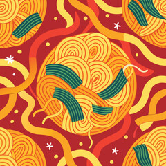 Obraz premium Noodle Ramen Pattern background. Pasta food texture spaghetti geometric. Abstarct ramen ornament. Flat vector illustartion. Wave texture background