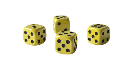 Four Yellow Dice with Black Dots, Isolated on Transparent Background
