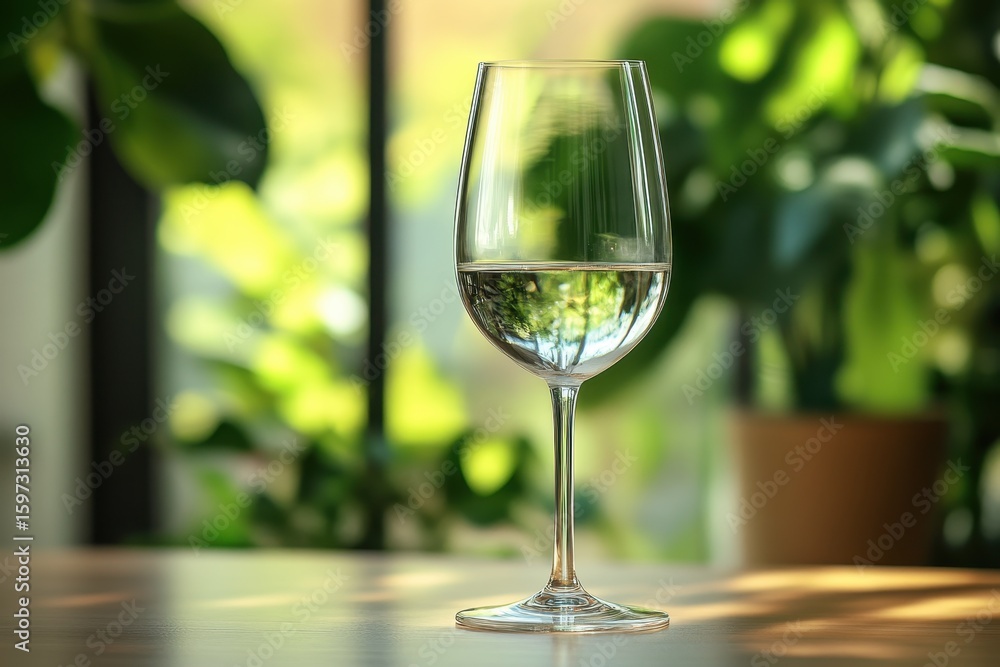 Poster wine glass placed elegantly on a table with a blurred background of lush greenery reflecting in the 