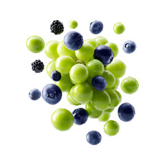 Variety of fresh berries and grapes floating in mid-air featuring green grapes, blueberries, and elderberries isolated on transparent background