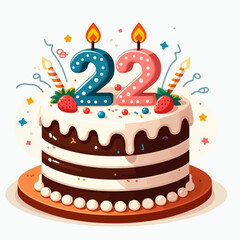 Cartoonish, joyful birthday cake illustration with the number twenty-two on it.  It features candles, sprinkles, and berries on top.