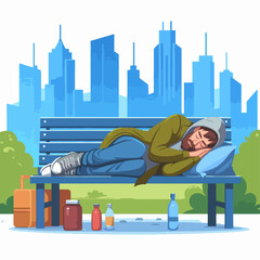 Cartoon depiction of a man sleeping on a park bench, surrounded by items suggesting homelessness, against a backdrop of city buildings.