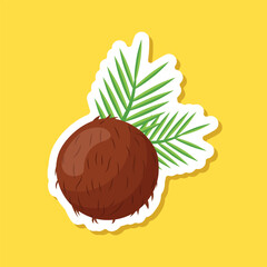 Coconut sticker icon in flat style. Healthy food vector illustration on isolated background. Coco plant sign business concept.