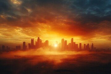 Fototapeta premium Skyline of Doha, Qatar during a stunning cloudy sunset with silhouettes of towering skyscrapers and dramatic clouds in the background