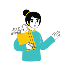 Illustration of a woman carrying a bag containing vegetables and food
