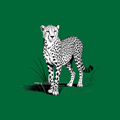 Realistic Cheetah Vector Illustration – Hand Drawn Big Cat on Green Background for Wildlife and Safari Themes

