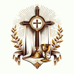 Gilded religious emblem featuring a cross and chalice, set against a white backdrop and adorned with decorative foliage.