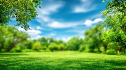 Obraz premium A spacious park showcases a bright green lawn surrounded by flourishing trees under a brilliant blue sky filled with soft clouds. People enjoy the serenity and beauty.