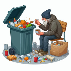 Cartoon illustration depicts a homeless person seated outdoors, eating food from a overflowing dumpster.  Various discarded items litter the ground around him.