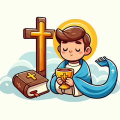 Cartoon depiction of a young person in prayer, holding a chalice, with a cross and holy book as background symbols.