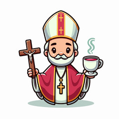 Friendly, cartoonish representation of a religious figure,  holding a cross and a cup.