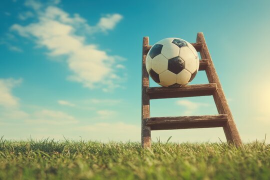 Player practices soccer skills with a ball placed on a ladder during a sunny day on the field
