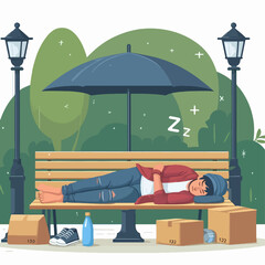 Digital illustration of a person sleeping on a park bench, sheltered by an umbrella, surrounded by cardboard boxes and other belongings.  The scene evokes a sense of homelessness and hardship.