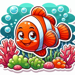 Cheerful cartoon clownfish swims amidst vibrant coral and bubbles in a coral reef setting.  The design is cute and visually appealing.