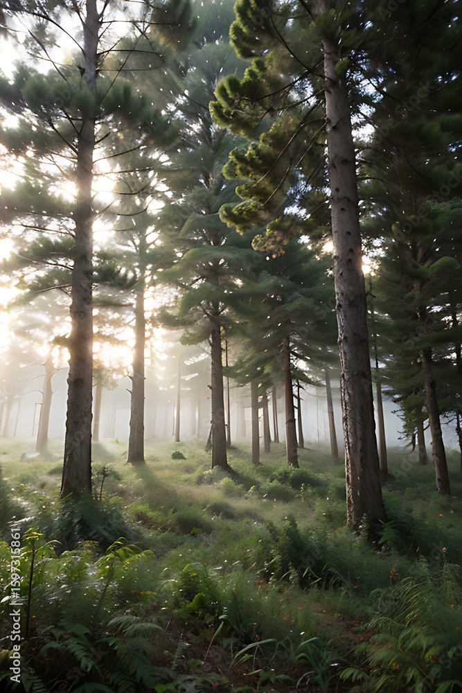 Poster sun shines through tall pine trees in a forest, illuminating the ground with soft light and creating