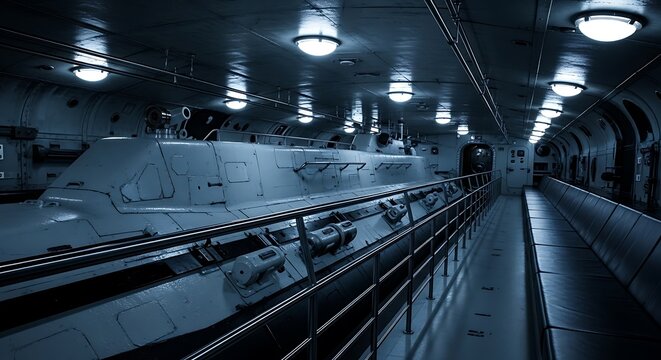 Inside a Submarine Interior with Lights and Metallic Structure