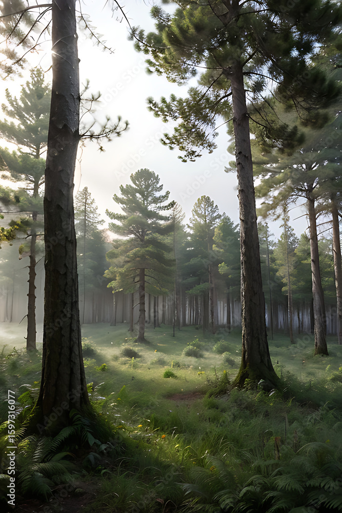 Poster forest scene with tall pine trees and sunlight filtering through the mist creating a serene and peac