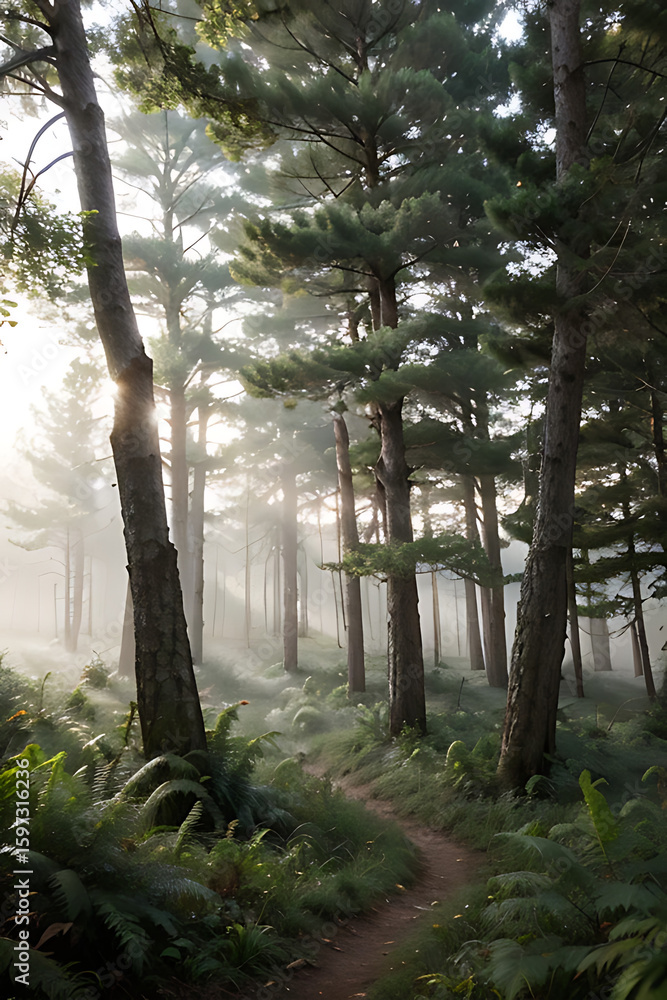 Poster sunlight streams through a misty forest, illuminating tall trees and a winding path.