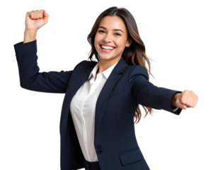 Excited Young Business Woman Celebrating with Raised Fist, Business Attire, Transparent Background