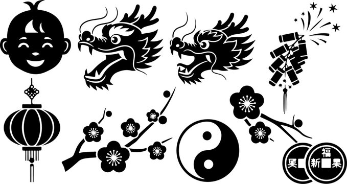 Vector art of chinese new year symbols including dragon and lantern