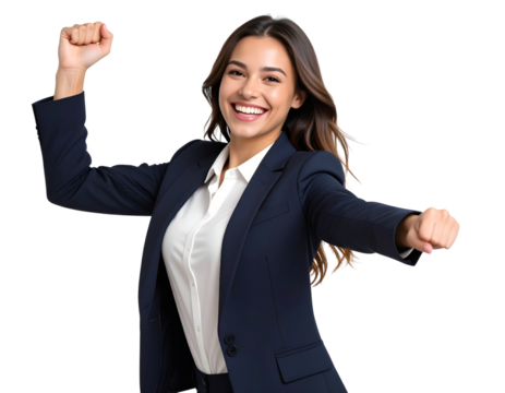 Excited Young Business Woman Celebrating with Raised Fist, Business Attire, Transparent Background