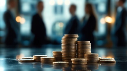 Stacks of coins with blurred businessmen in background during team meeting focused on financial discussion and business strategy