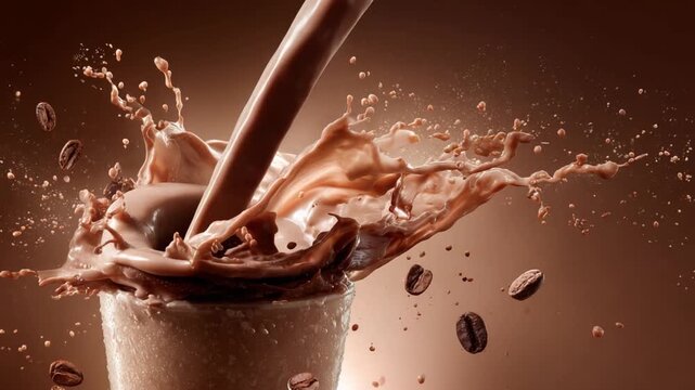 Chocolate Milk Cascade: A mesmerizing image captures the dynamic essence of rich, decadent chocolate milk pouring into a glass, creating a stunning splash with scattered coffee beans.