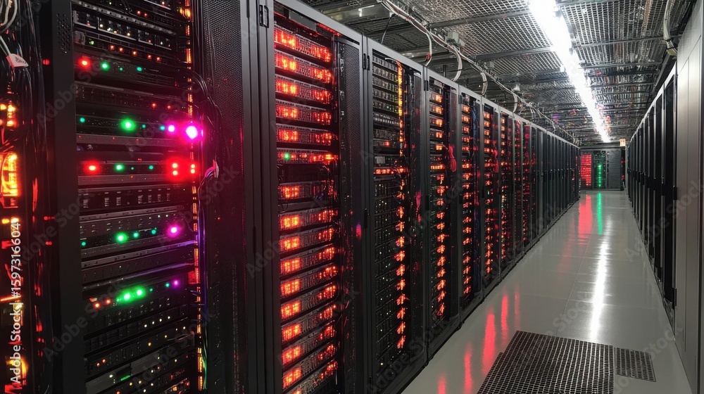 Poster illuminated server racks highlighting network cables in a modern data center