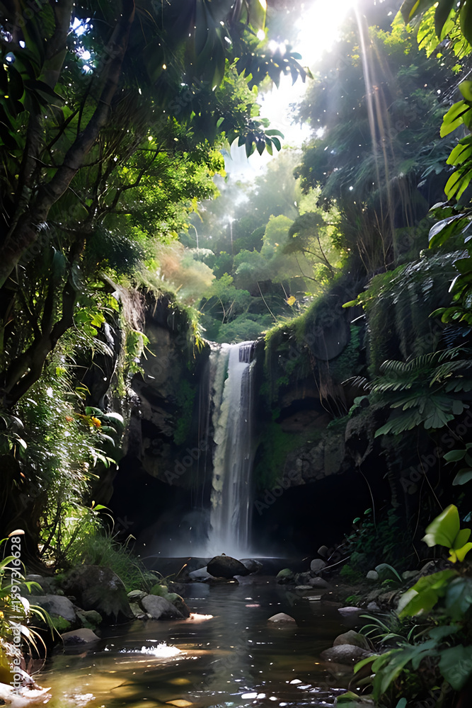 Poster sunlight streams through lush green foliage illuminating a cascading waterfall.