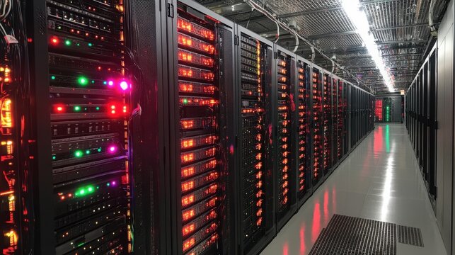 Illuminated server racks highlighting network cables in a modern data center