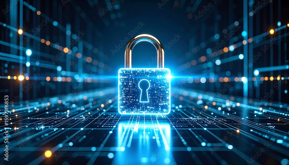 Poster secure digital world glowing padlock with cybersecurity data protection concept.