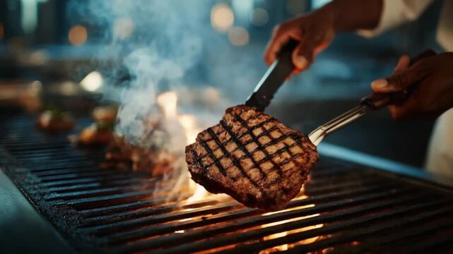 Sizzling Steak Masterpiece: A chef meticulously grills a mouthwatering steak, the sear marks creating a tempting visual symphony as smoke rises, highlighting culinary expertise.