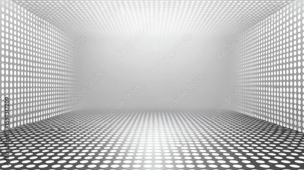 Poster a minimalist interior environment features a white backdrop adorned with polka dots. the dots create