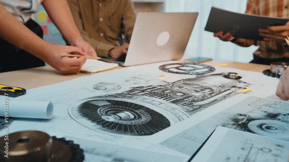 Poster a dynamic scene of engineers collaborating on a jet engine design, displaying technical drawings and