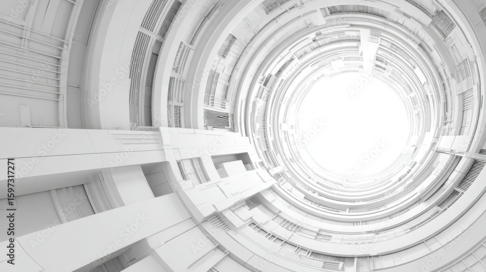 Aufkleber looking up inside a circular architectural structure reveals smooth white lines converging toward a 