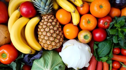 A vibrant and colorful assortment of fresh fruits and vegetables overhead view