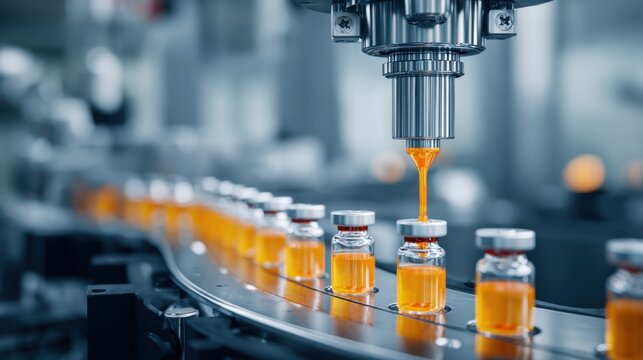 Automated machinery fills vials with orange liquid in a sterile manufacturing environment. The production line operates efficiently, ensuring precision in vaccine preparation.