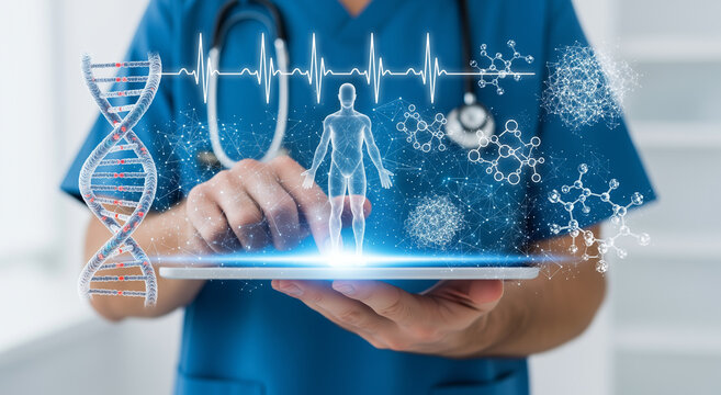 Medical professional holding a tablet displaying a human body, DNA, heartbeat, and molecules, symbolizing digital health, biotechnology, and medical innovation.