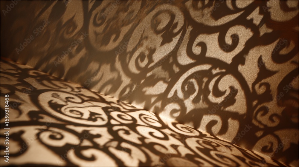 Poster intricate floral and swirl patterns cast delicate shadows in a softly illuminated space, showcasing 