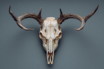 Top view of a deer skull showcasing detailed antlers and sharp features against a neutral background