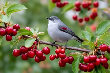 Gray bird perching on cherry tree branch with ripe red cherries
