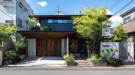 Modern House Minimalist Metal-Wood Sleek Japanese Style Sunny Weather Bright Views Simple Design Nice Ambiance Cool Appeal (AI-Generated)