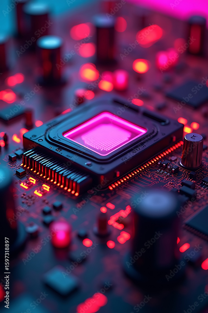 Poster close-up view of a glowing circuit board with integrated components and vibrant lighting.