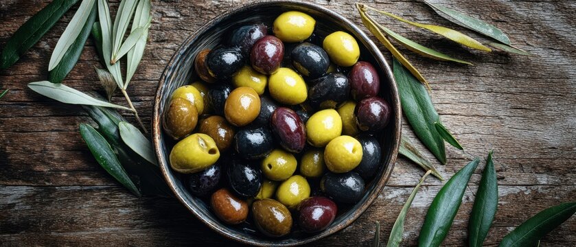 The vibrant assortment of olives in an artisan wooden bowl with leaves decorating.