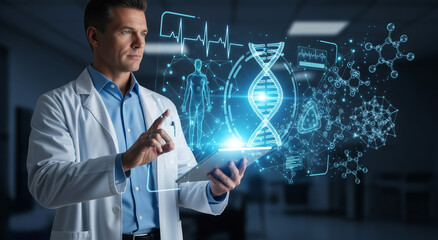 Medical professional in a lab coat interacting with a futuristic display showing DNA, a human body, heartbeat, and molecules, representing genetic research and medical innovation