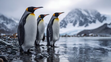 Fototapeta premium The Majestic Emperor Penguins Standing by the Icy Shoreline in Antarctica