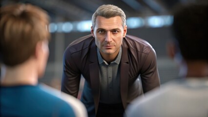 Inclusive leadership A focused coach engages with players in a dynamic sports setting.