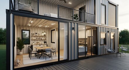 Modern Container Home Design with Open Living Spaces and Balcony