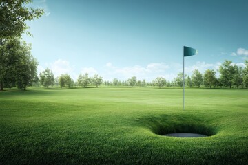 Golf course with a hole and flag surrounded by green grass and trees in bright daylight creating a serene atmosphere for players