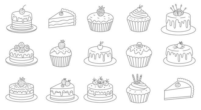 Delightful array of hand-drawn cake and cupcake icons, perfect for dessert-themed designs